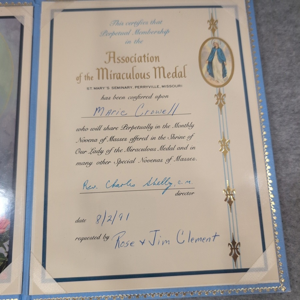 Vtg 1991 Association of the Miraculous Medal Perpetual Membership Certificate - Picture 2 of 3